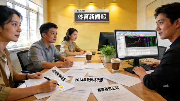 体育新闻编辑部整理赛事资讯与战报稿件的工作场景